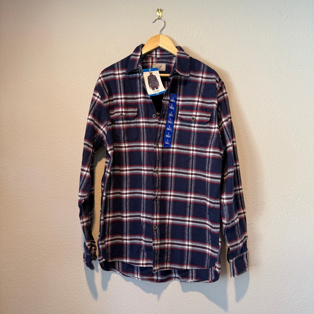 Jachs NY Mens Flannel Shirt Navy Blue Red Plaid Long Sleeve Tall Large NWT